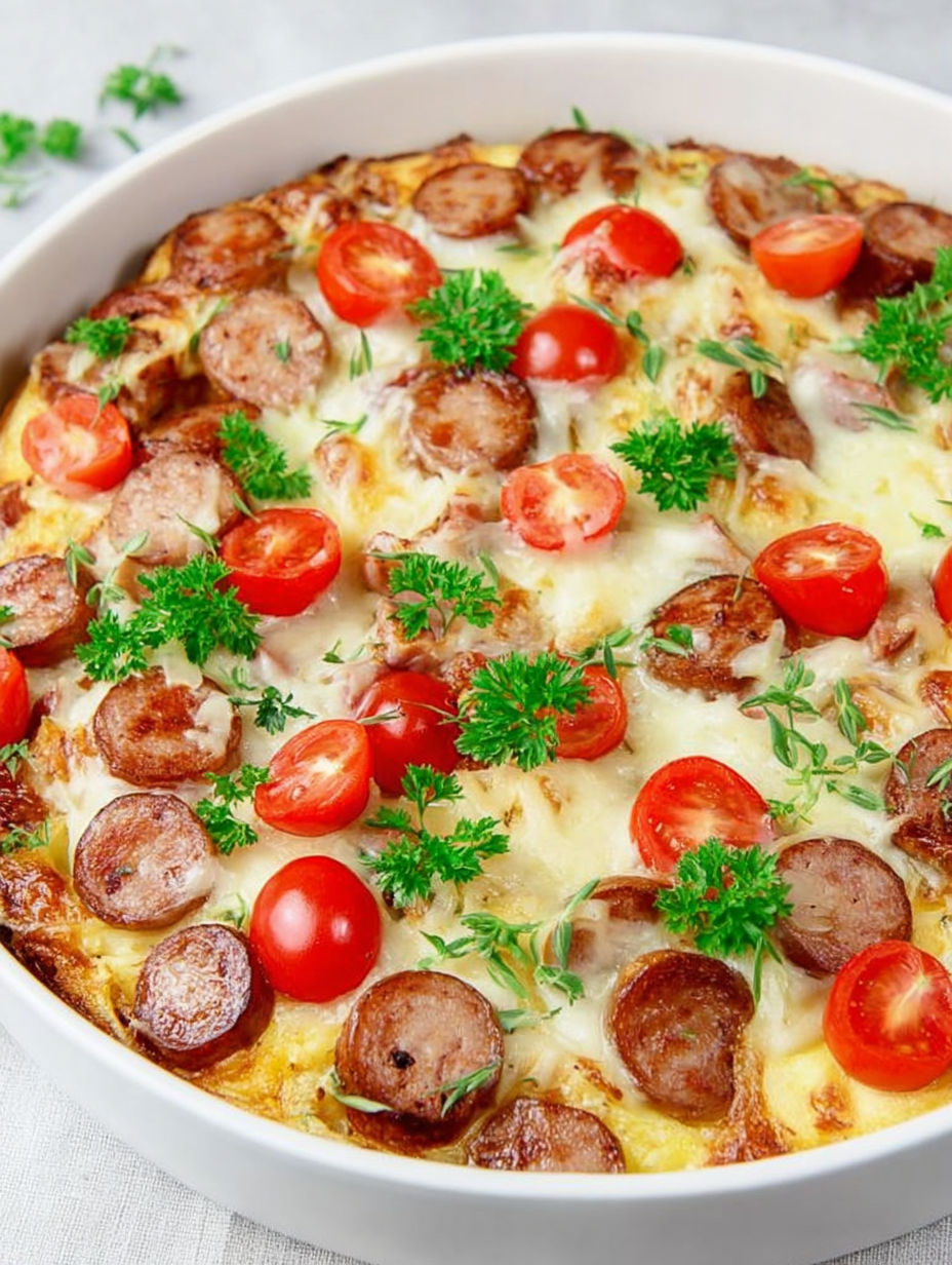 A pizza with tomatoes and sausage.