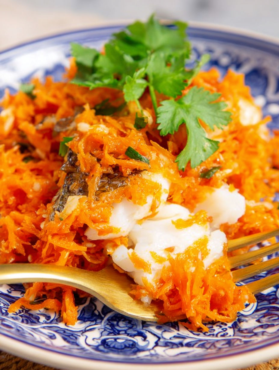 A plate of food with carrots and fish.