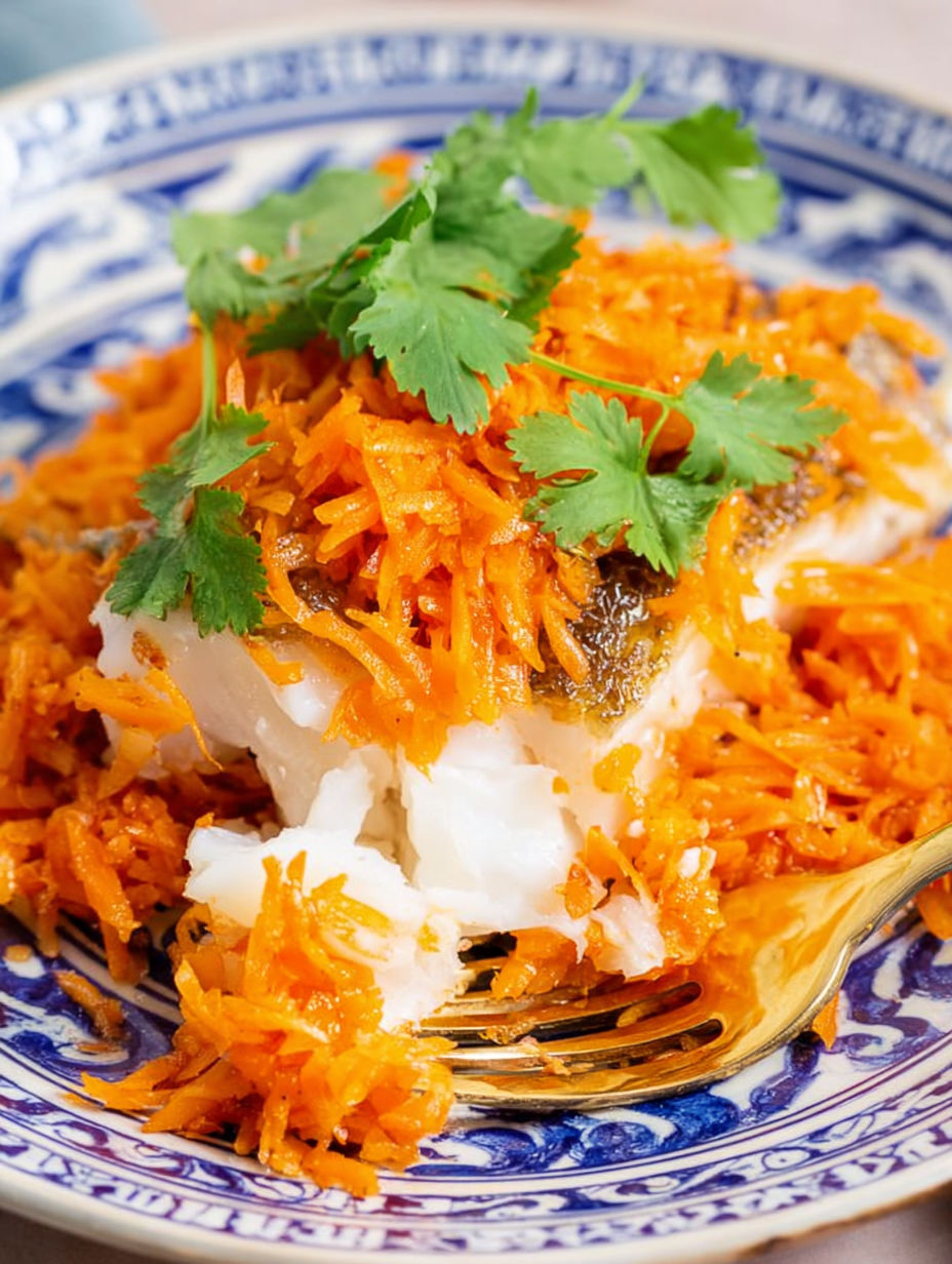 A plate of fish with orange carrots on top.