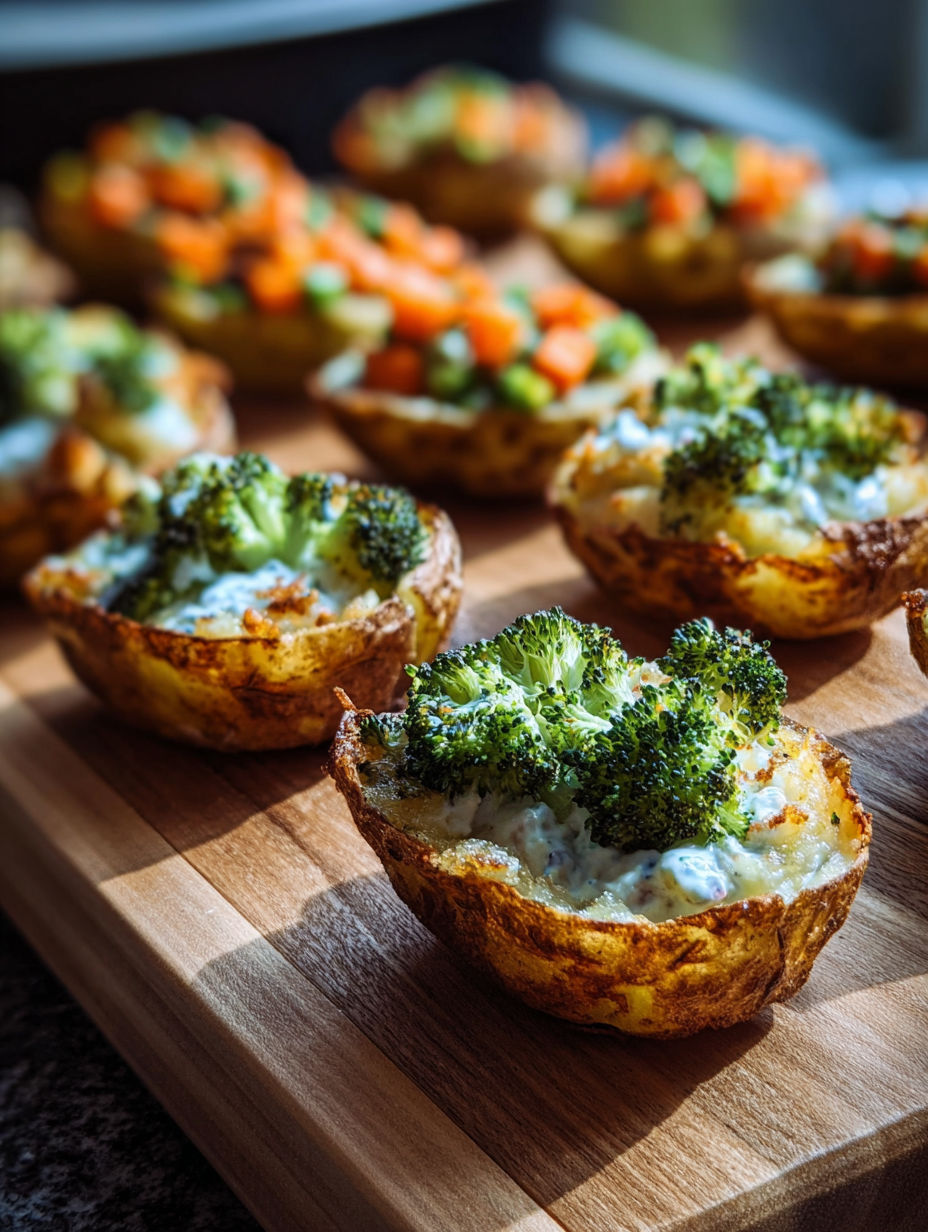 A wooden tray with several small dishes containing broccoli and cauliflower.