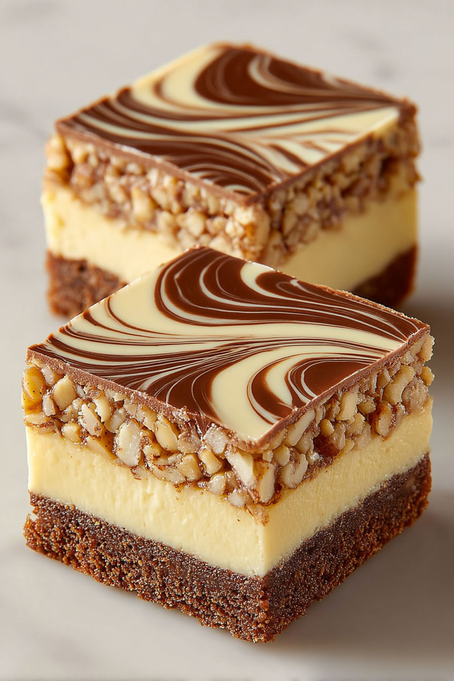 A slice of cake with chocolate and nuts.