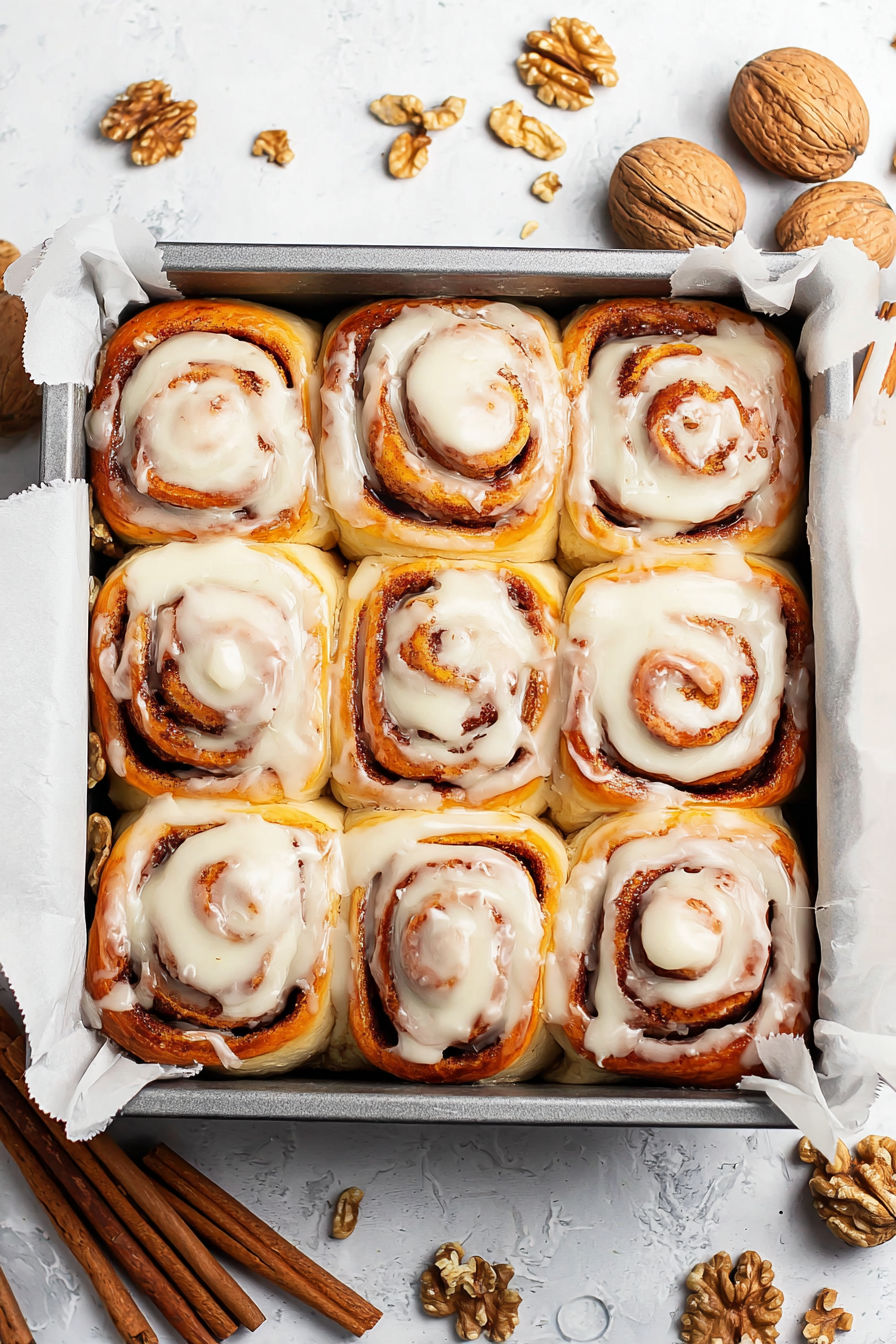 A tray of cinnamon rolls.