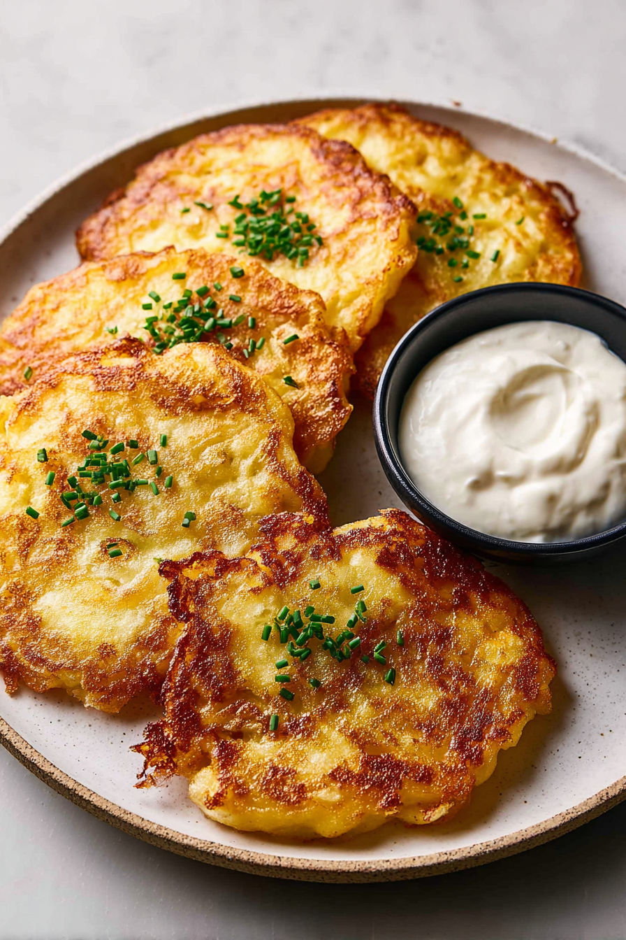 A plate of fried potatoes with a bowl of sour cream on the side.