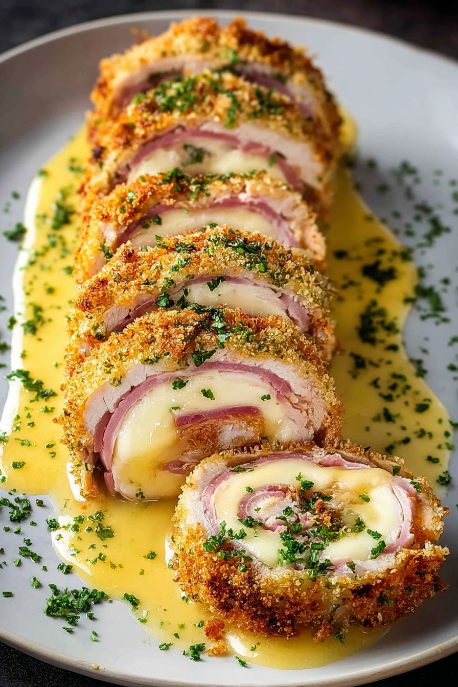 A plate of food with a Roladki Cordon Bleu.