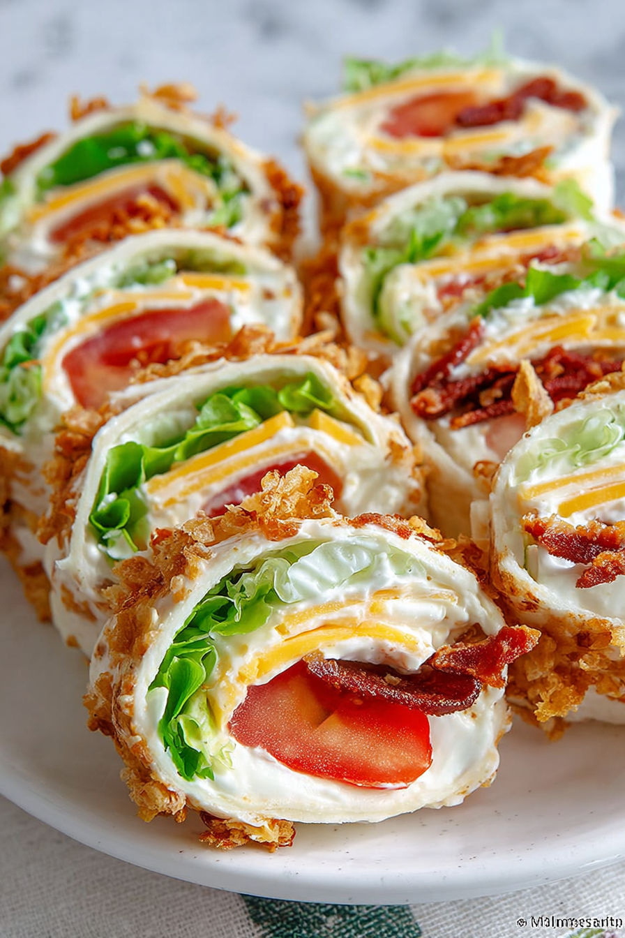 A plate of food with a bacon and lettuce roll.