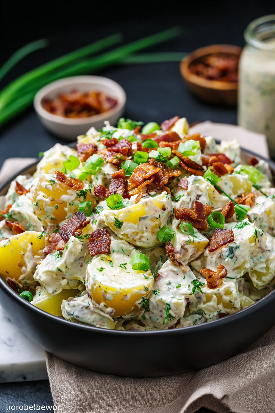 A bowl of salad with bacon and potatoes.