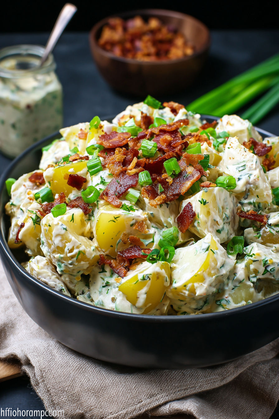 A bowl of potato salad with bacon.