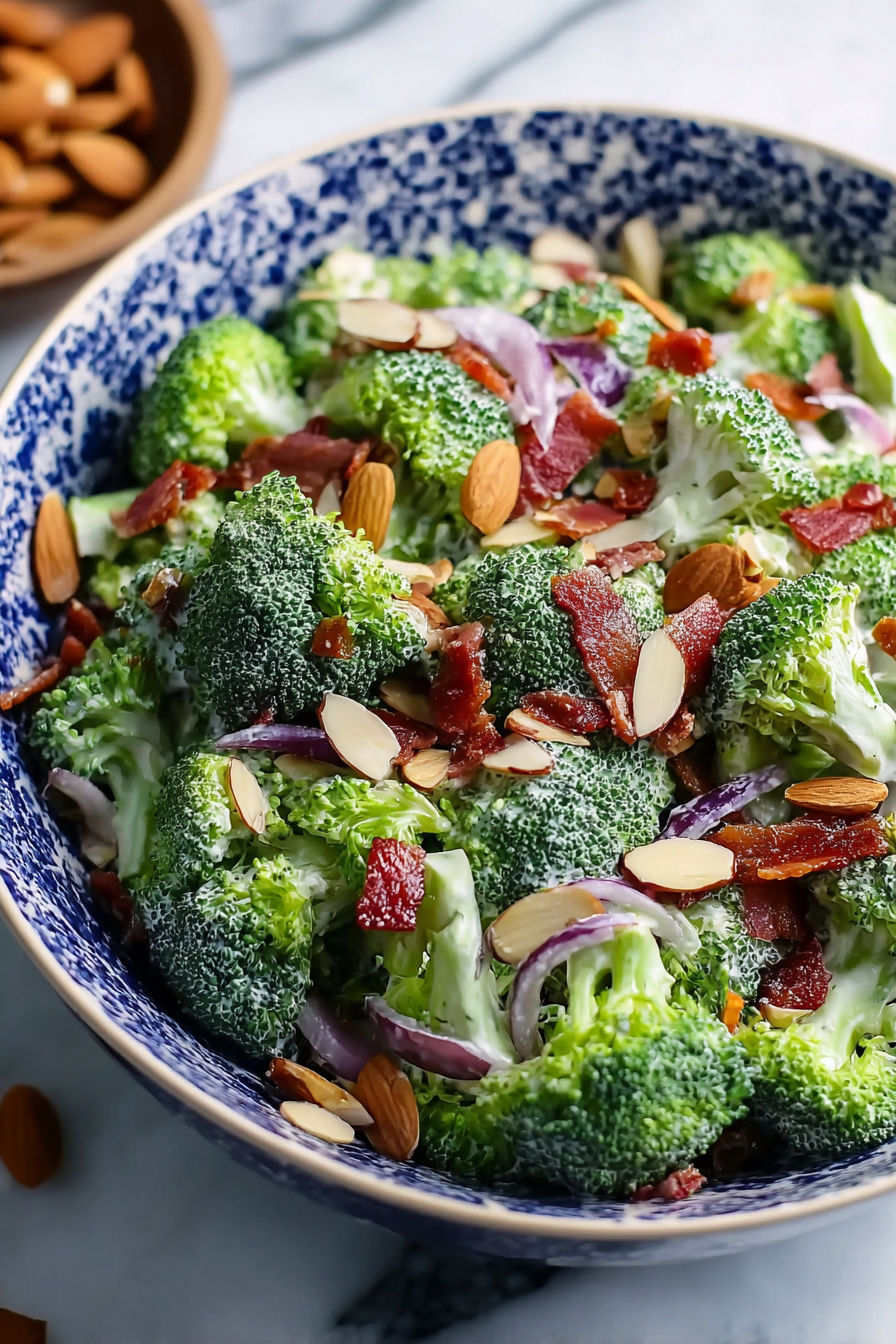 A bowl of broccoli and bacon salad.