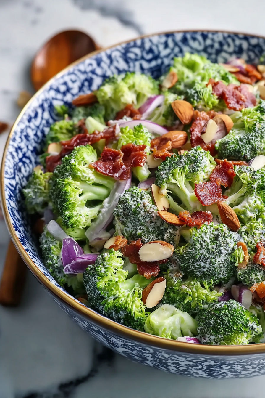 A bowl of broccoli and bacon salad.