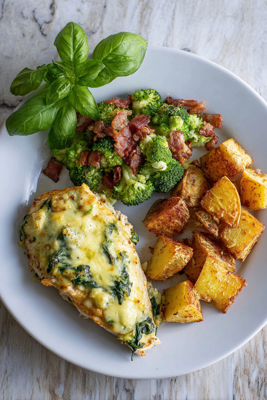 A plate of food with chicken, broccoli, and potatoes.