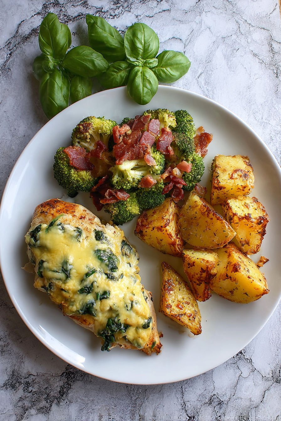 A plate of food with chicken, broccoli, and potatoes.