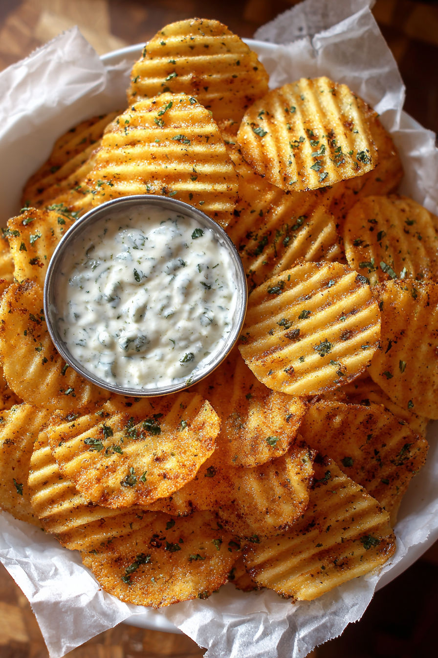 A bowl of chips with a dip.