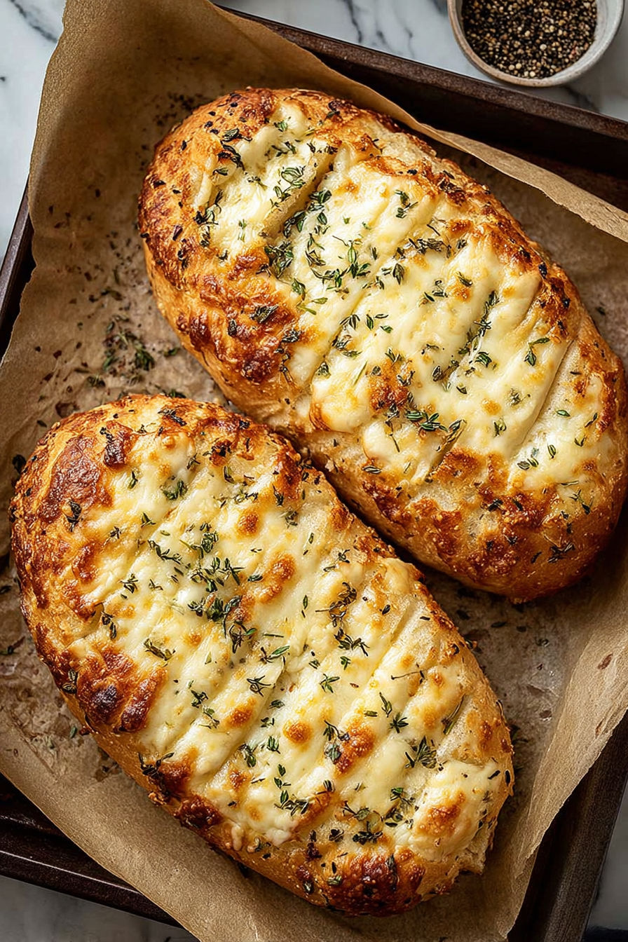 Two pieces of bread with cheese and herbs.