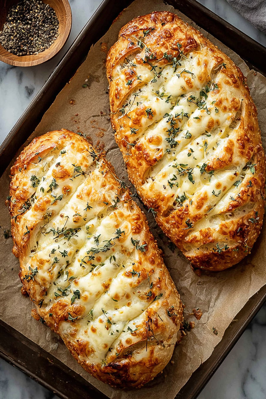 Two pieces of bread with cheese and herbs.