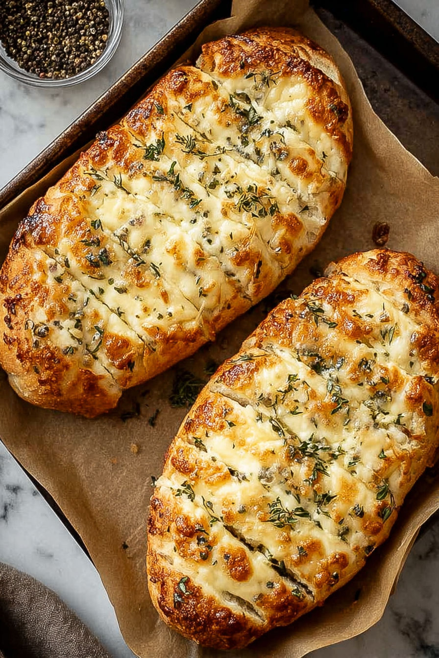 Two pieces of bread with cheese and herbs.
