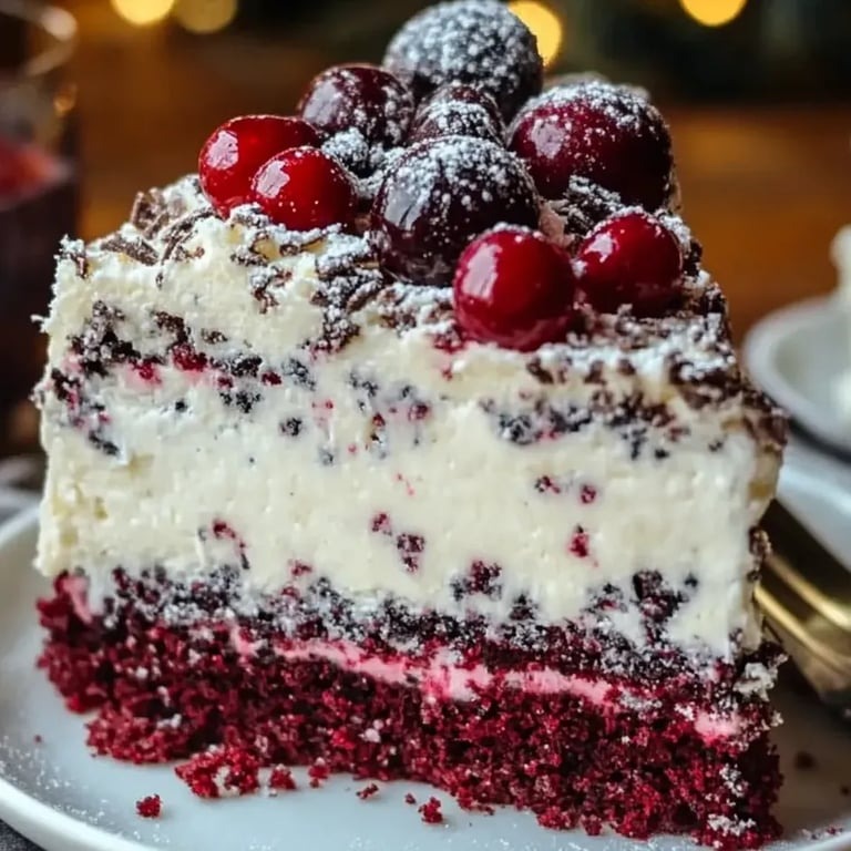 A slice of red velvet cake with white frosting.