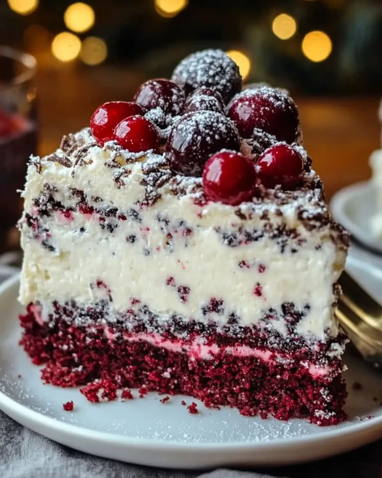 A slice of red velvet cake with white frosting.