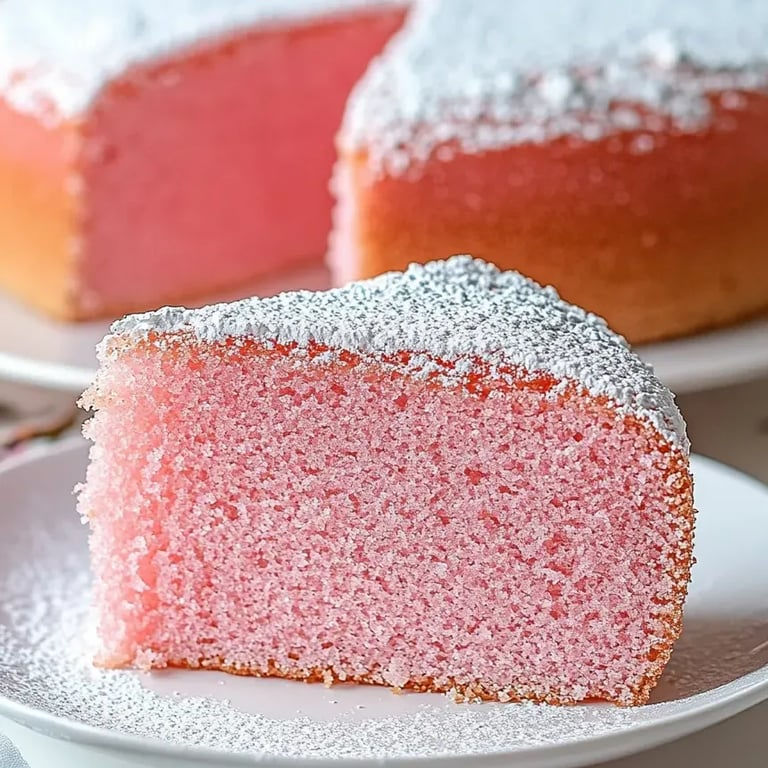 A slice of pink cake with white powdered sugar on a plate.