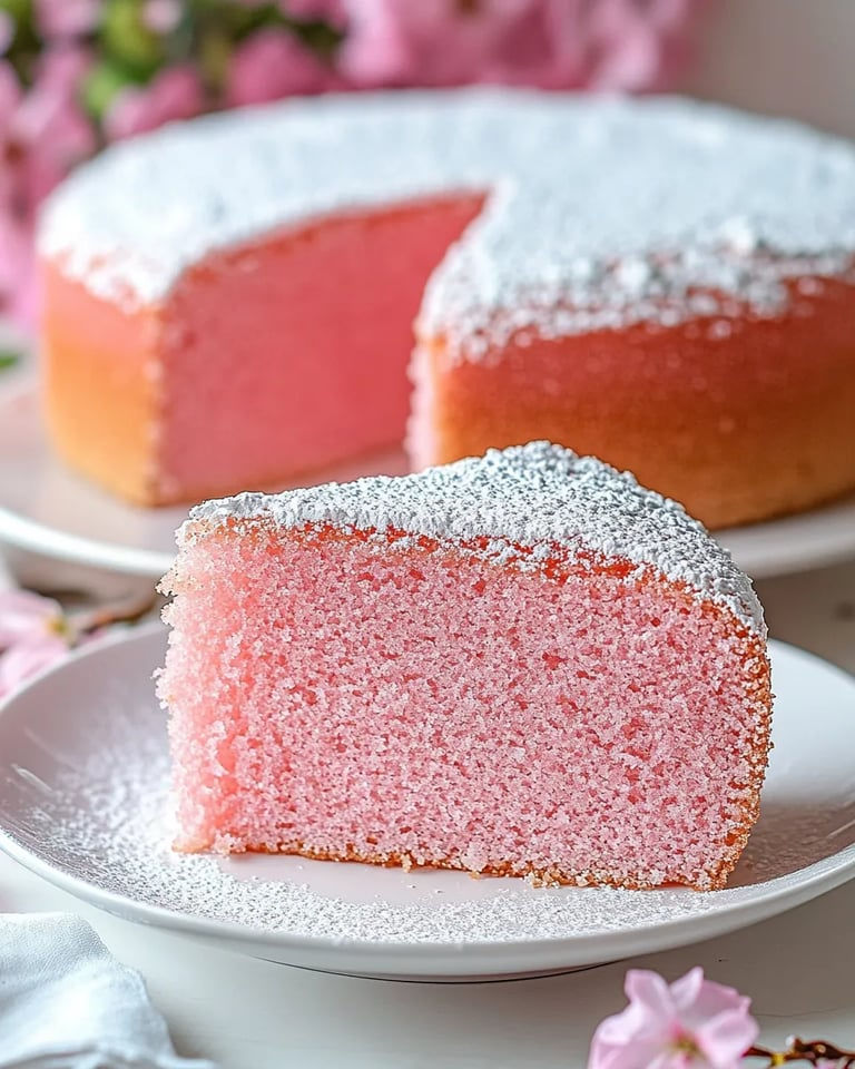 A slice of pink cake with white powder on top.