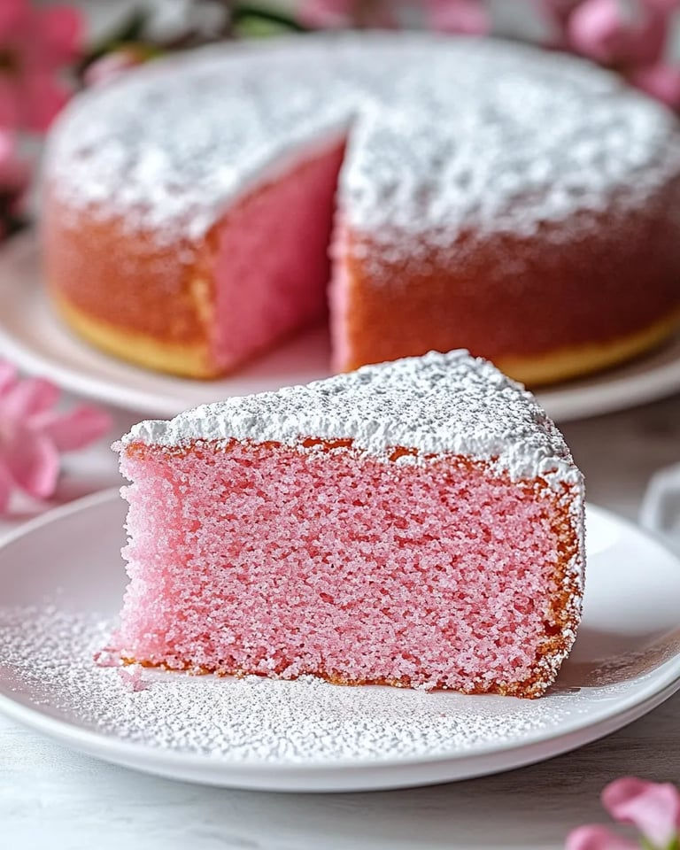 A slice of pink cake with white powder on a plate.