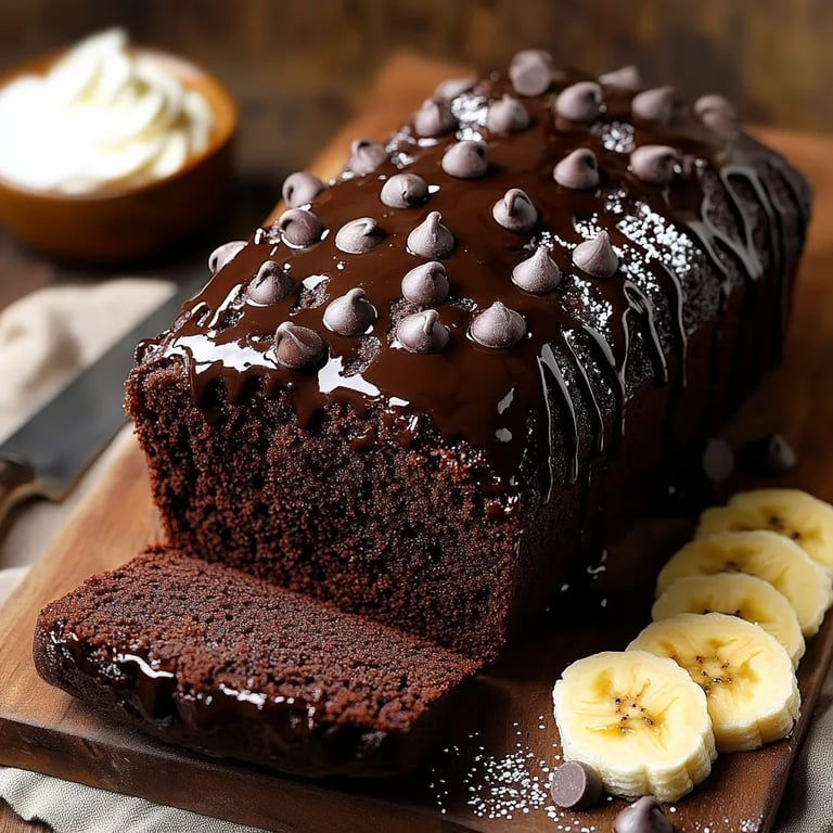 A slice of chocolate cake with bananas on a plate.