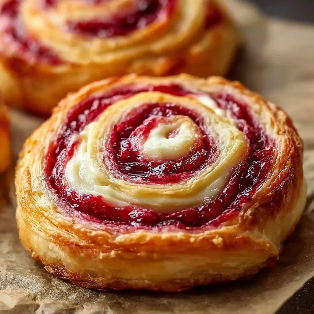 Two pieces of French pastry with red jelly.