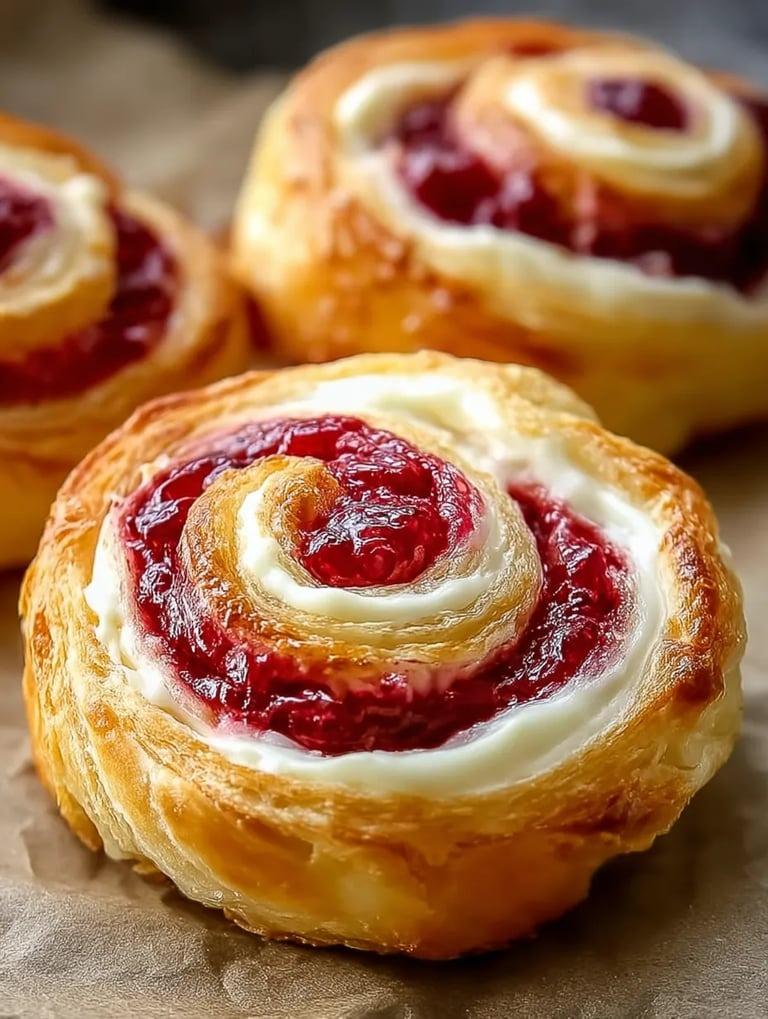 Two pastries with red jelly and white cream.