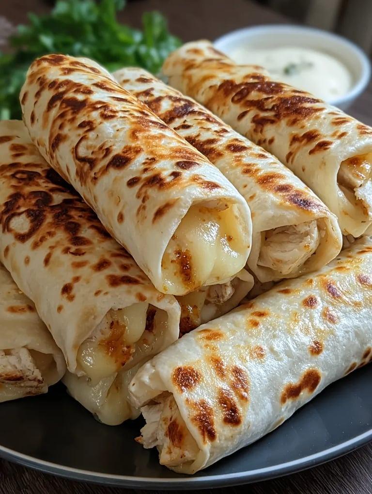 A plate of food with a cheese and chicken filling.
