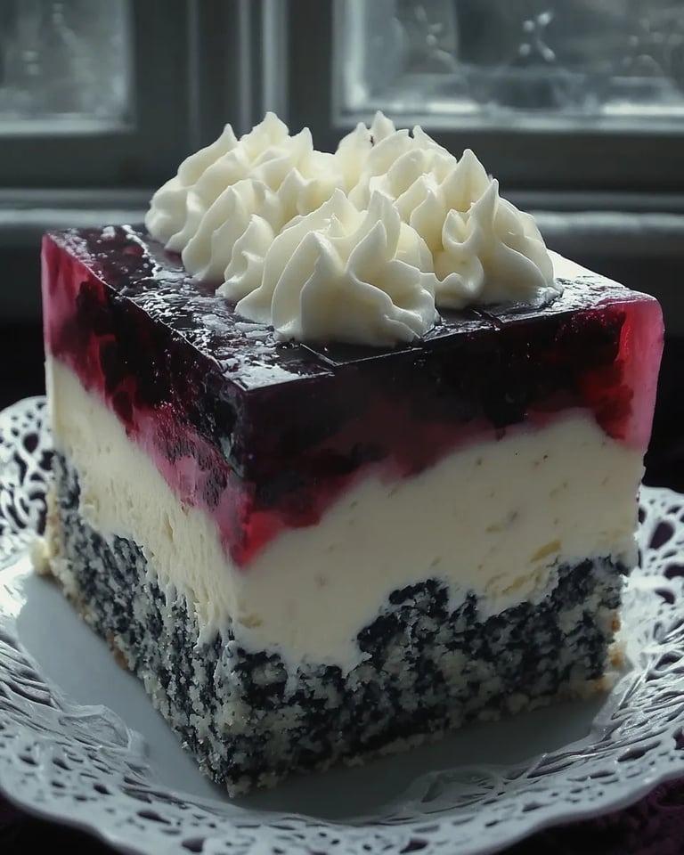 A slice of cake with white frosting and berries.