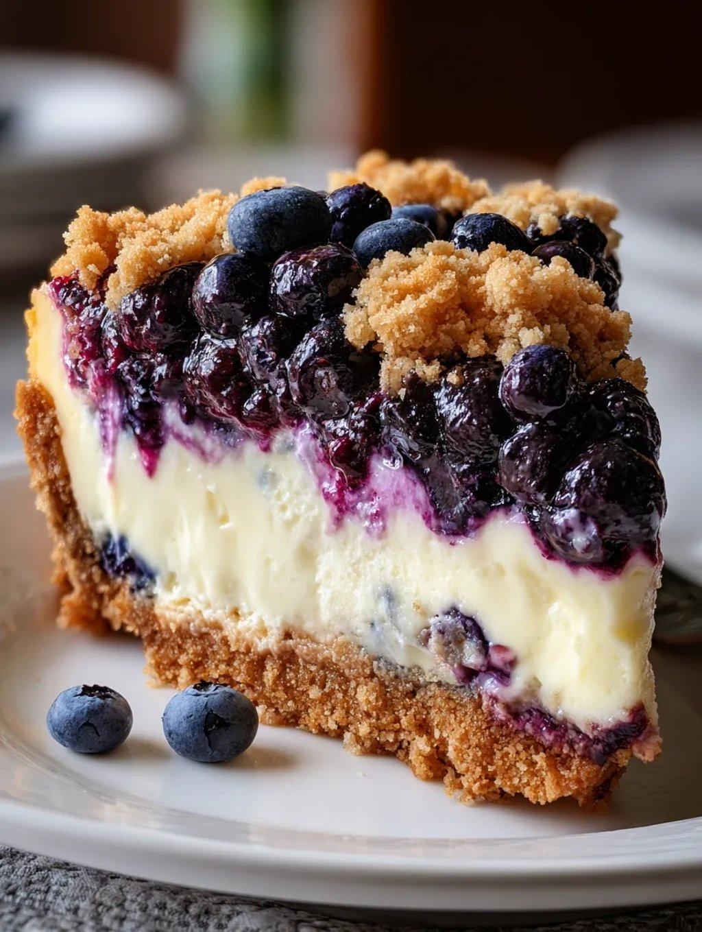 A slice of cake with blueberries and crumbs.