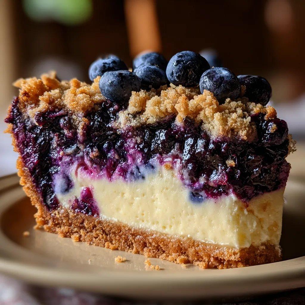 A slice of pie with blueberries and a crumb topping.