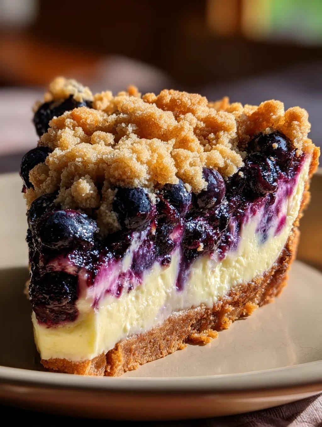 A slice of pie with blueberries and a crumb topping.