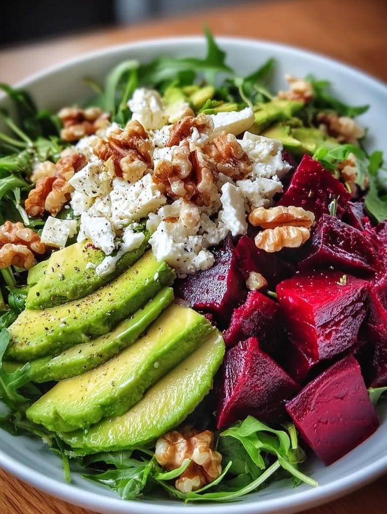 A bowl of salad with avocado, beets, and walnuts.