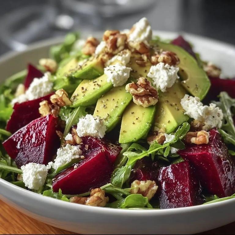 A salad with avocado, walnuts, and feta cheese.