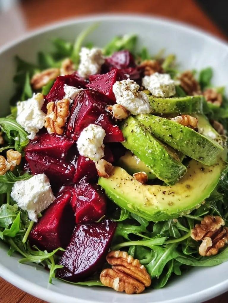 A salad with avocado, nuts, and beets.