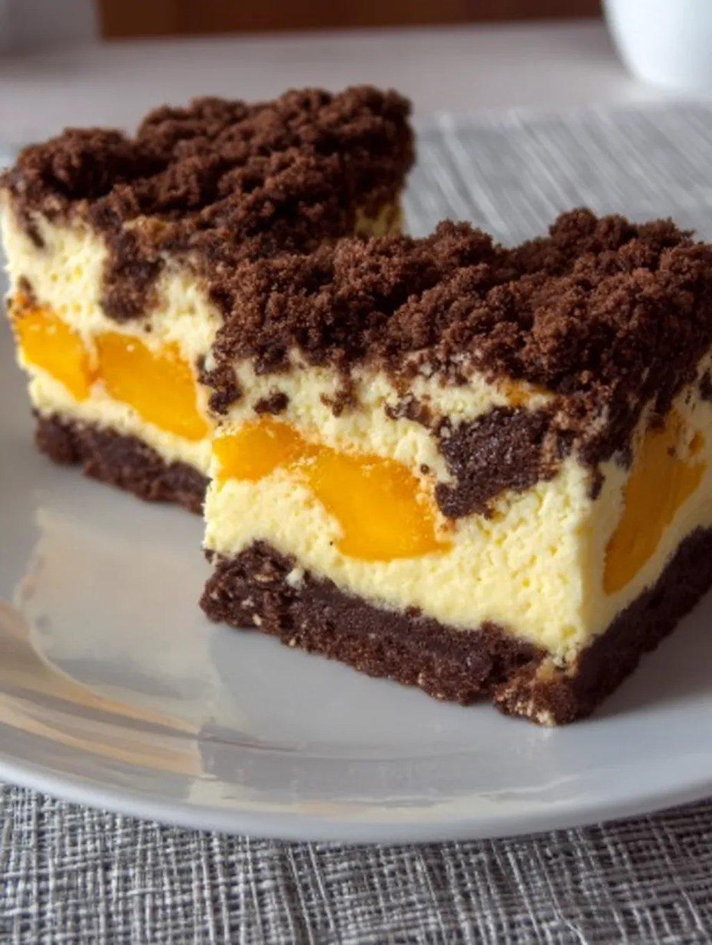 A slice of cake with peaches on top.