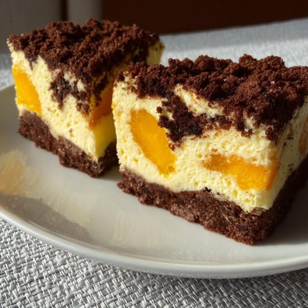 A slice of cake with peaches on top.