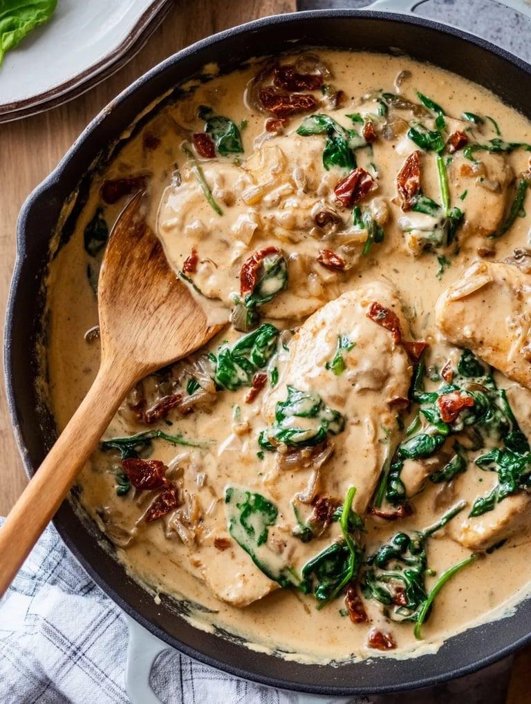 A pan of food with a wooden spoon in it.