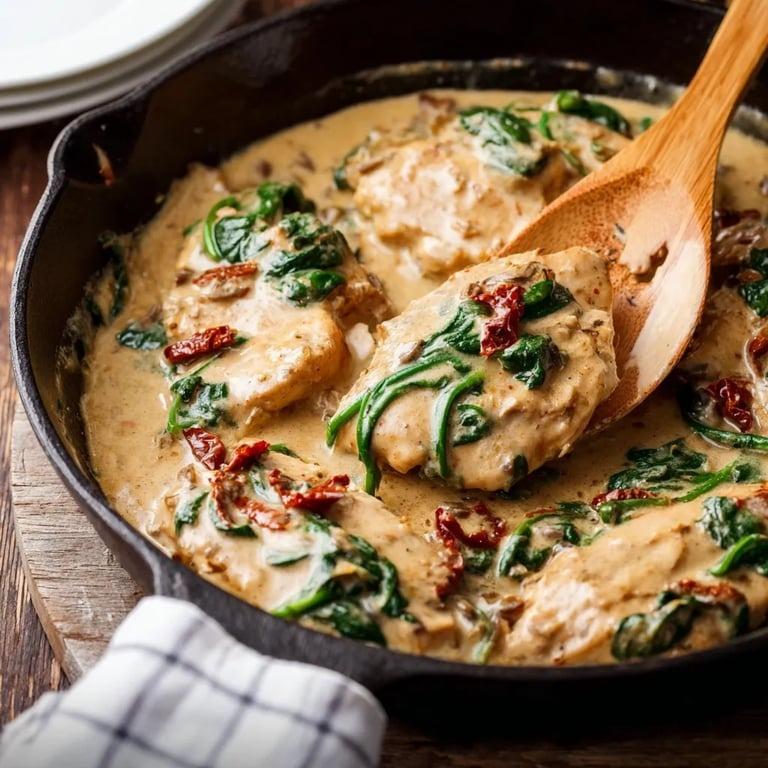 A pan of food with chicken and spinach.