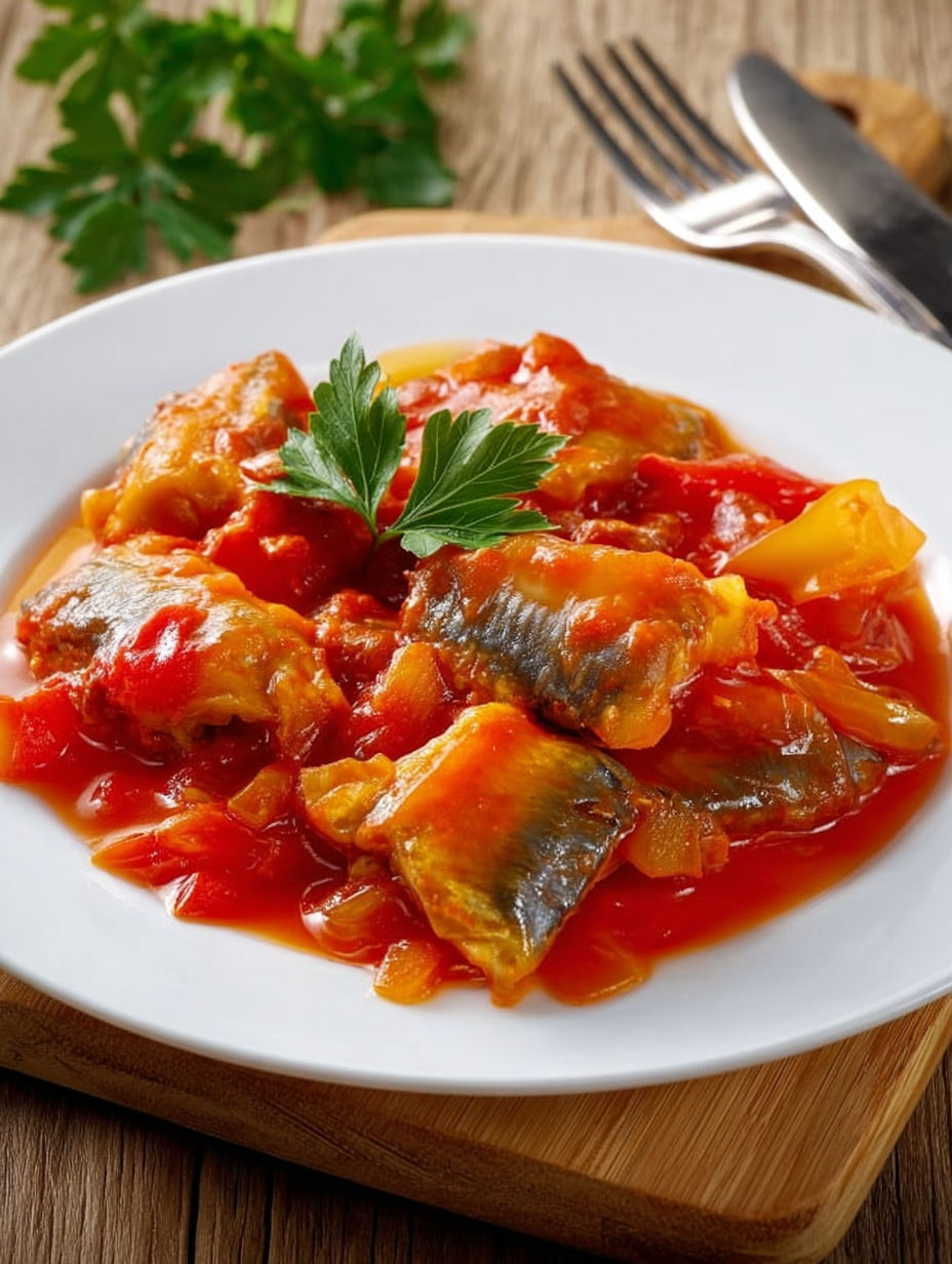 A plate of food with a green herb on top.