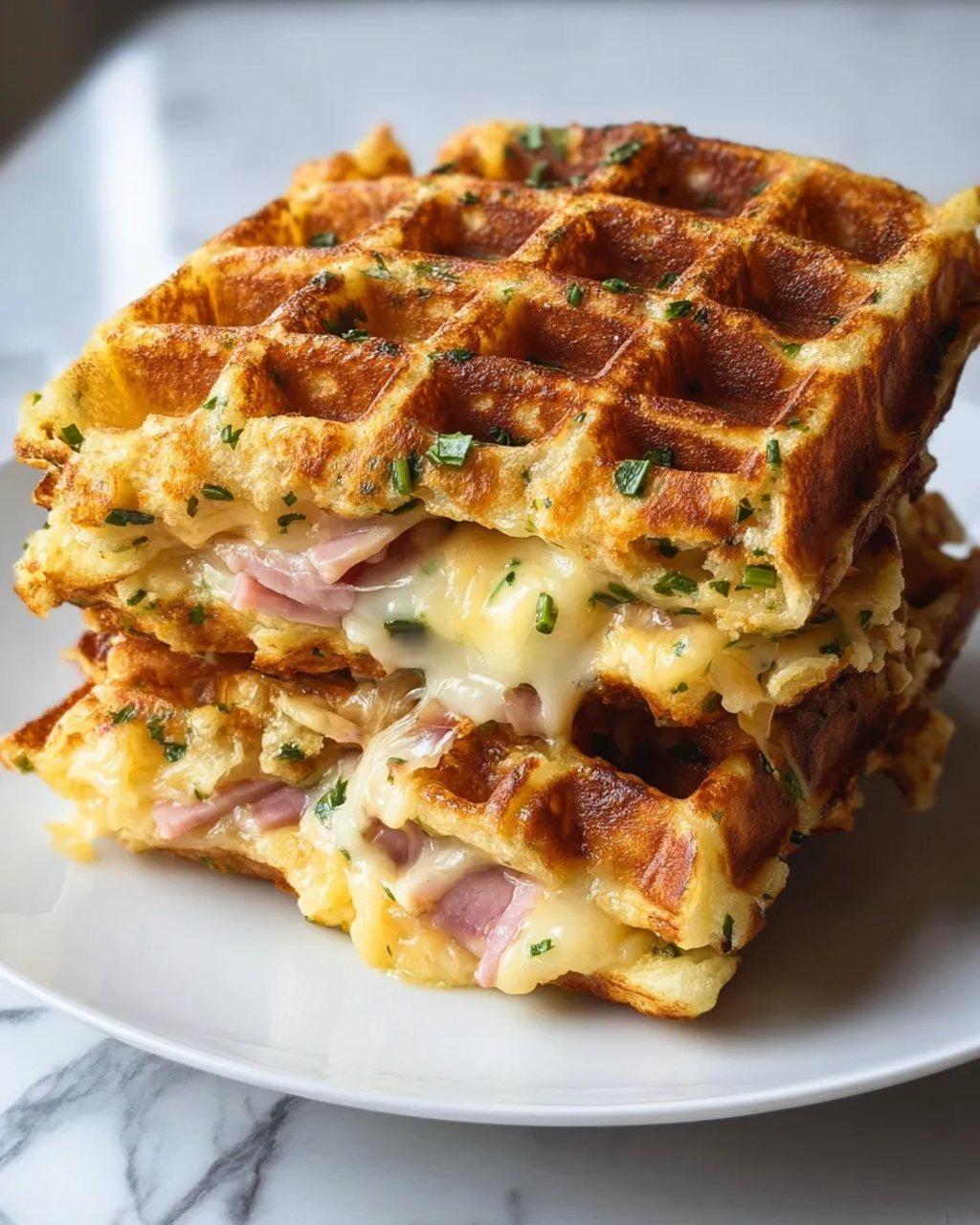 A stack of waffles with cheese on top.