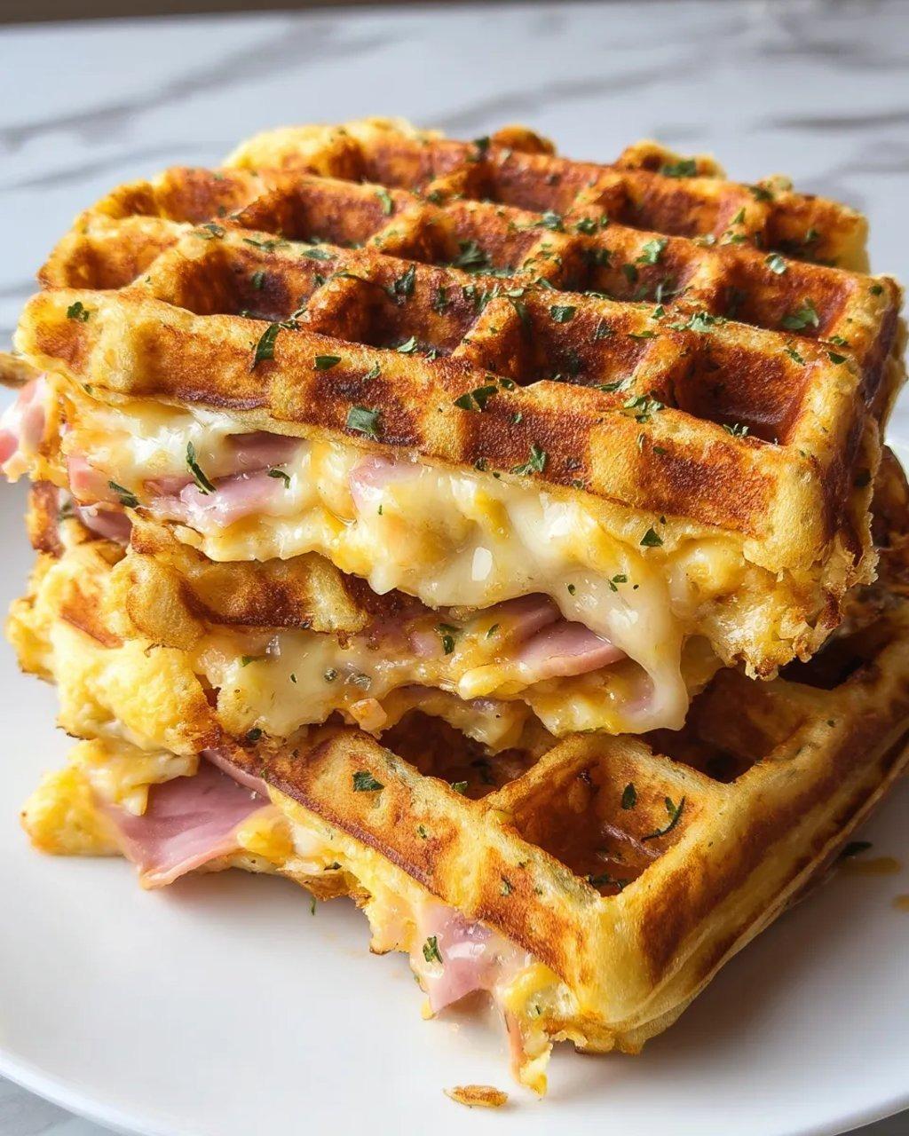 A stack of waffles with cheese and ham.