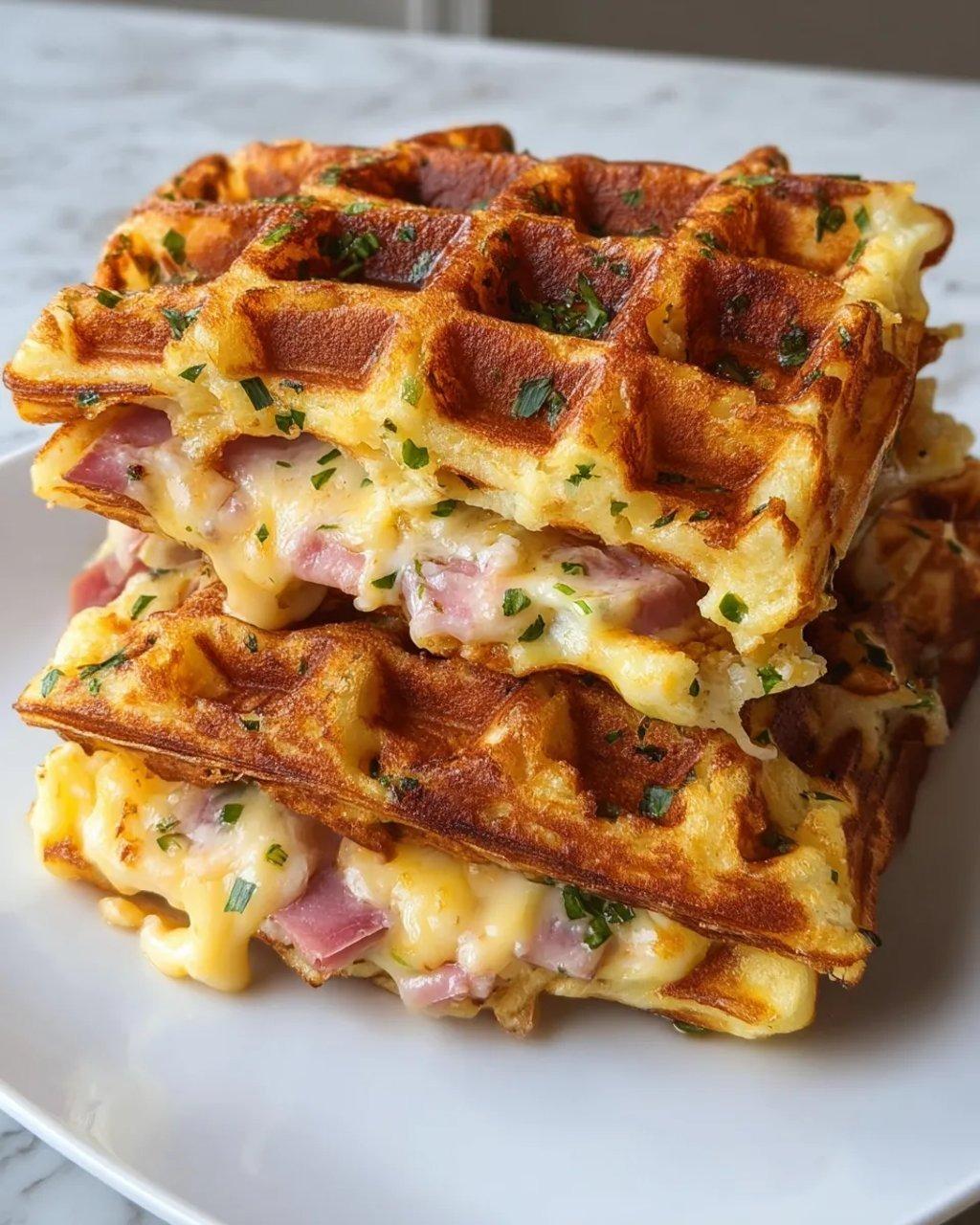 A stack of waffles with cheese and bacon on top.