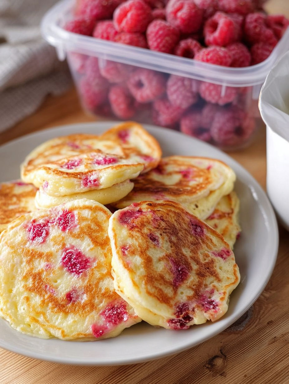 A plate of pancakes with raspberries on top.