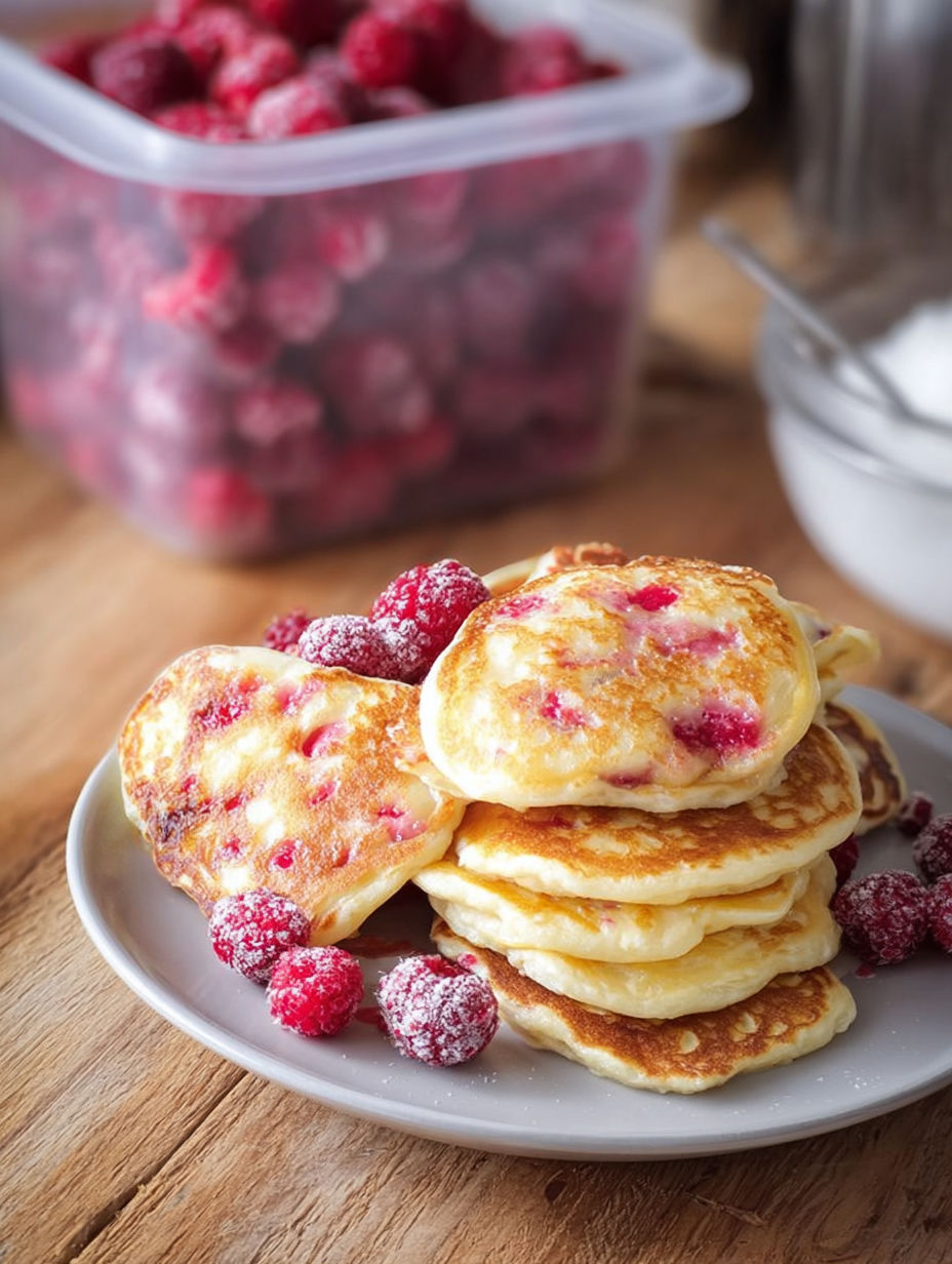 A plate of pancakes with raspberries on top.