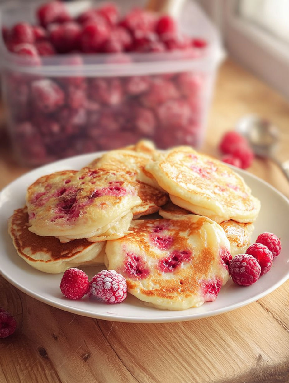 A plate of pancakes with raspberries on top.