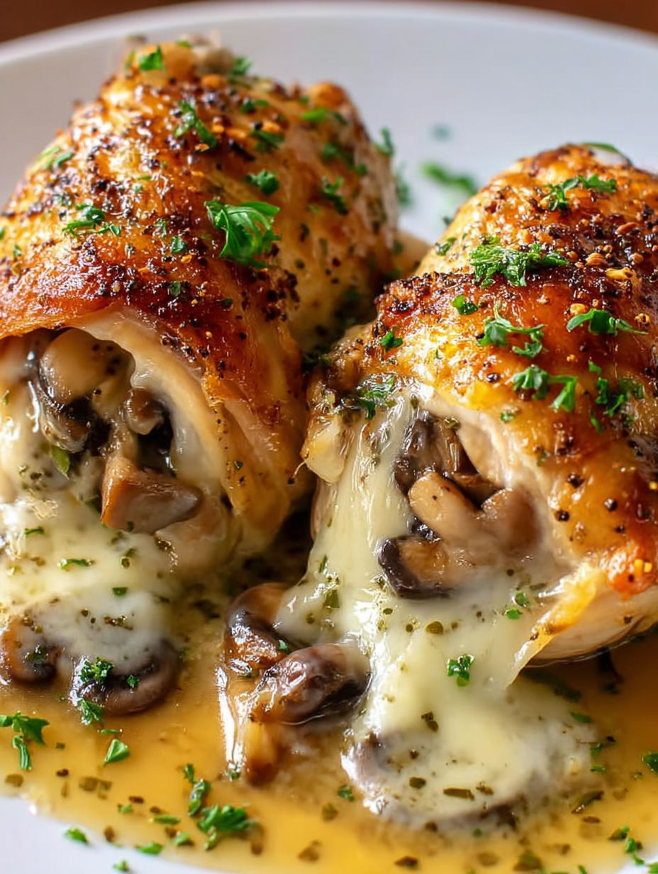 A delicious looking meal with mushrooms and cheese.