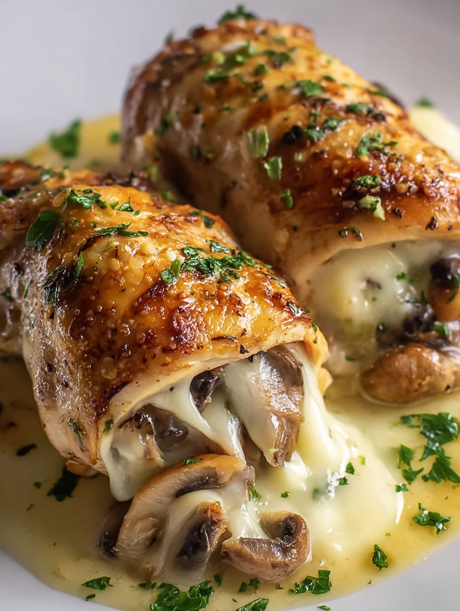 A delicious meal of chicken with mushrooms and cheese.
