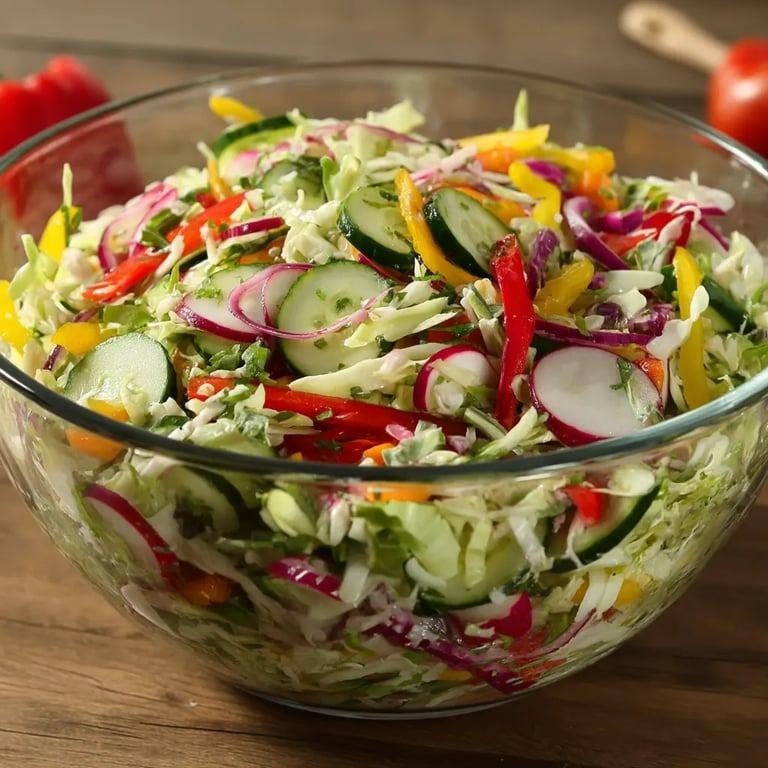 A bowl of salad with cucumbers, peppers, and other vegetables.