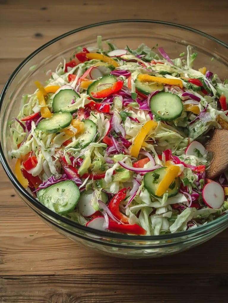 A bowl of salad with various vegetables.